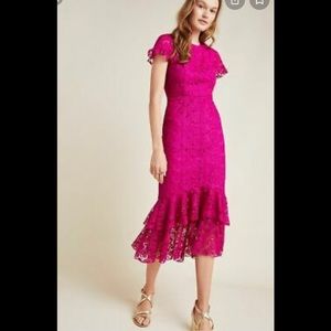 Anthropologie Magenta lace formal tea length dress